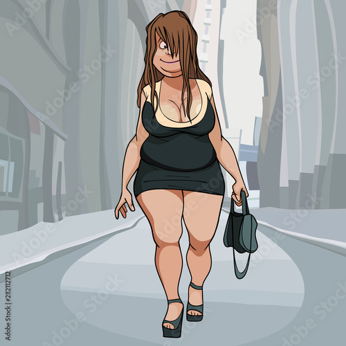 cartoon funny plump woman walks on a city street