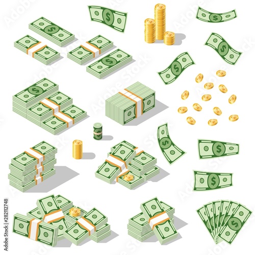 Set of isometric money isolated on white background. Golden coins and paper dollars illustration. A lot of cash money. photo