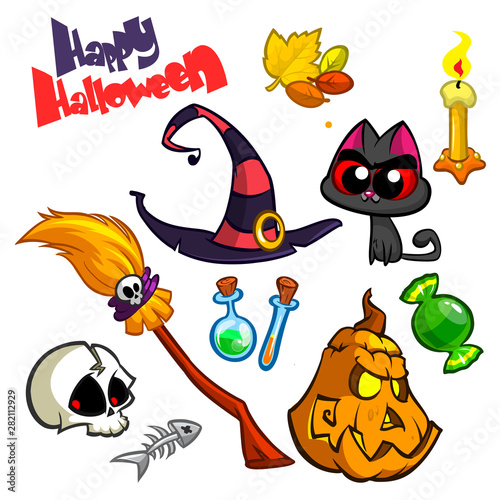 Cartoon set of Halloween symbols and characters. Vector illustration photo