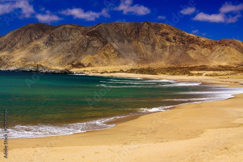 View on deserted secluded beach in dry harsh bare surrounding at pacific coastline in Chile
