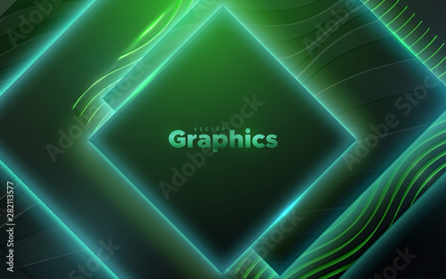 Neon glowing light geometric shapes. Abstract 3d background. Vector illustration of cool green electric lights. Modern cover design. Creative banner layout. Disco or nightlife decoration