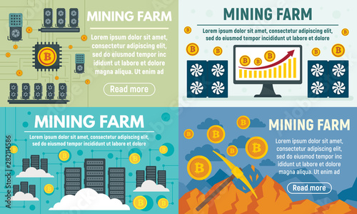Mining farm banner set. Flat illustration of mining farm vector banner set for web design