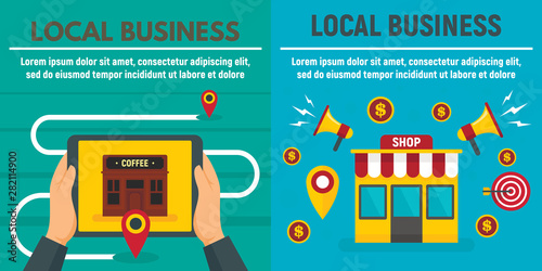 City local business shop banner set. Flat illustration of city local business shop vector banner set for web design