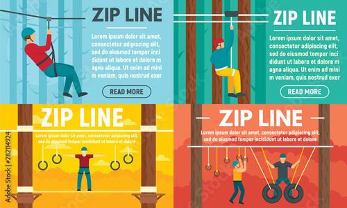 Zip line banner set. Flat illustration of zip line vector banner set for web design