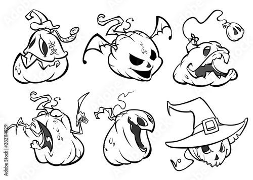 Cartoon scary Jack O' Lantern pumpkins set outlined