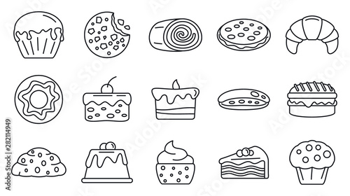 Tasty confectionery icons set. Outline set of tasty confectionery vector icons for web design isolated on white background
