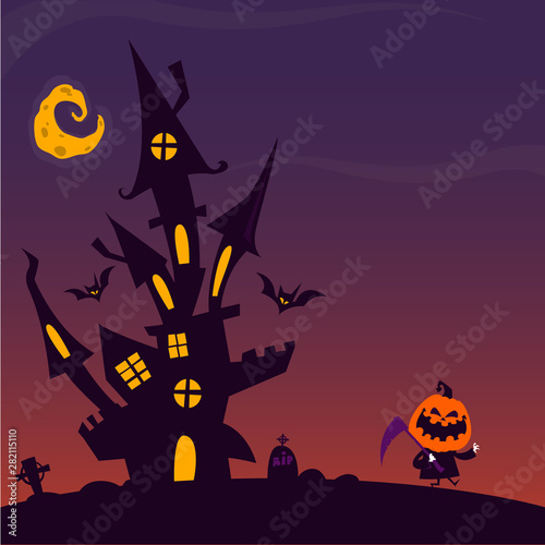 Cartoon scary haunted castle. Halloween background vector illustration