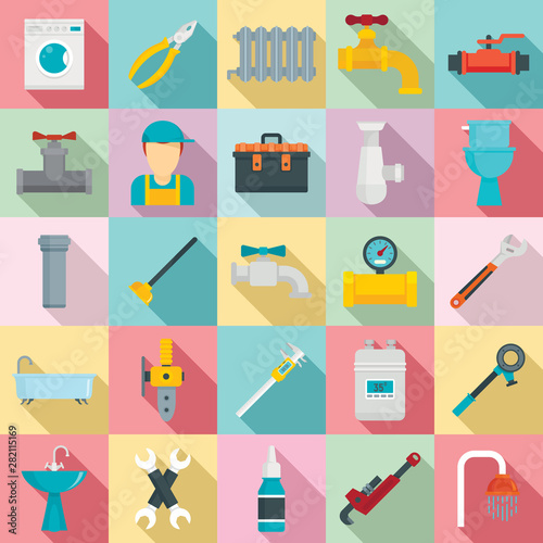 Plumbing icons set. Flat set of plumbing vector icons for web design