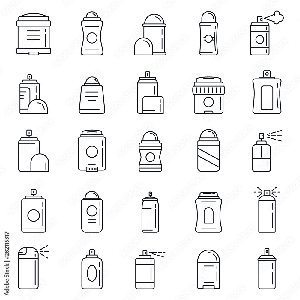 Personal deodorant icons set. Outline set of personal deodorant vector icons for web design isolated on white background Personal deodorant icons set. Outline set of personal deodorant vector icons for web design isolated on white background