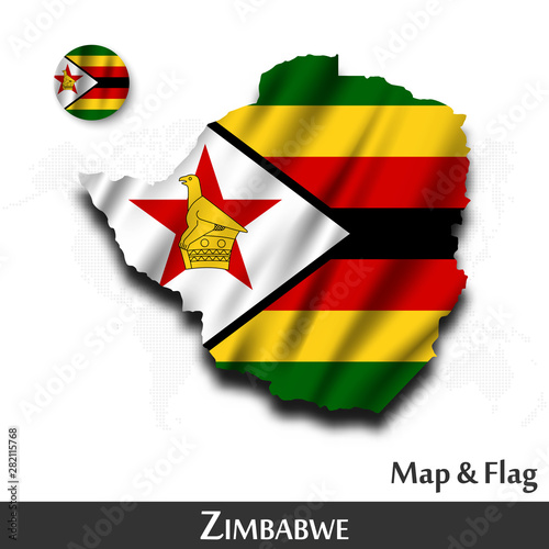 Zimbabwe map and flag . Waving textile design . Dot world map background . Vector