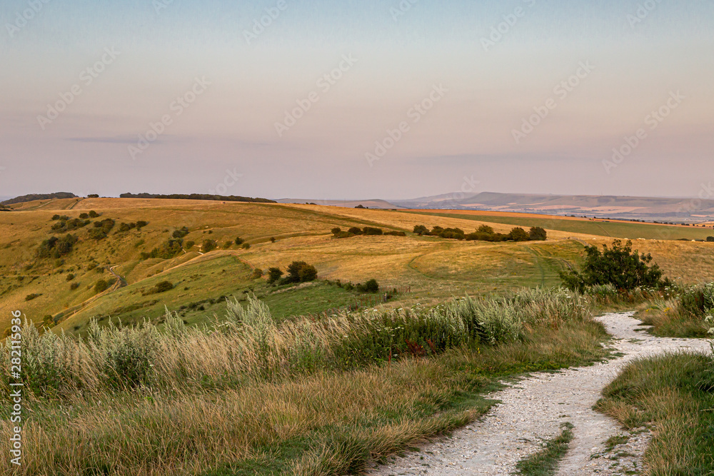 A chalk pathway along the South Downs Way in Sussex, at Ditchling Beacon