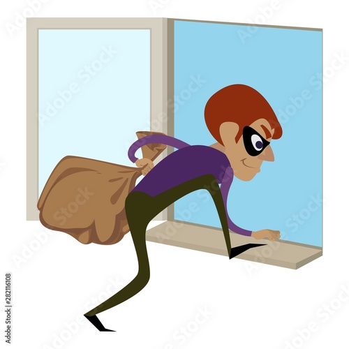 Burglar through window icon. Cartoon of burglar through window vector icon for web design isolated on white background