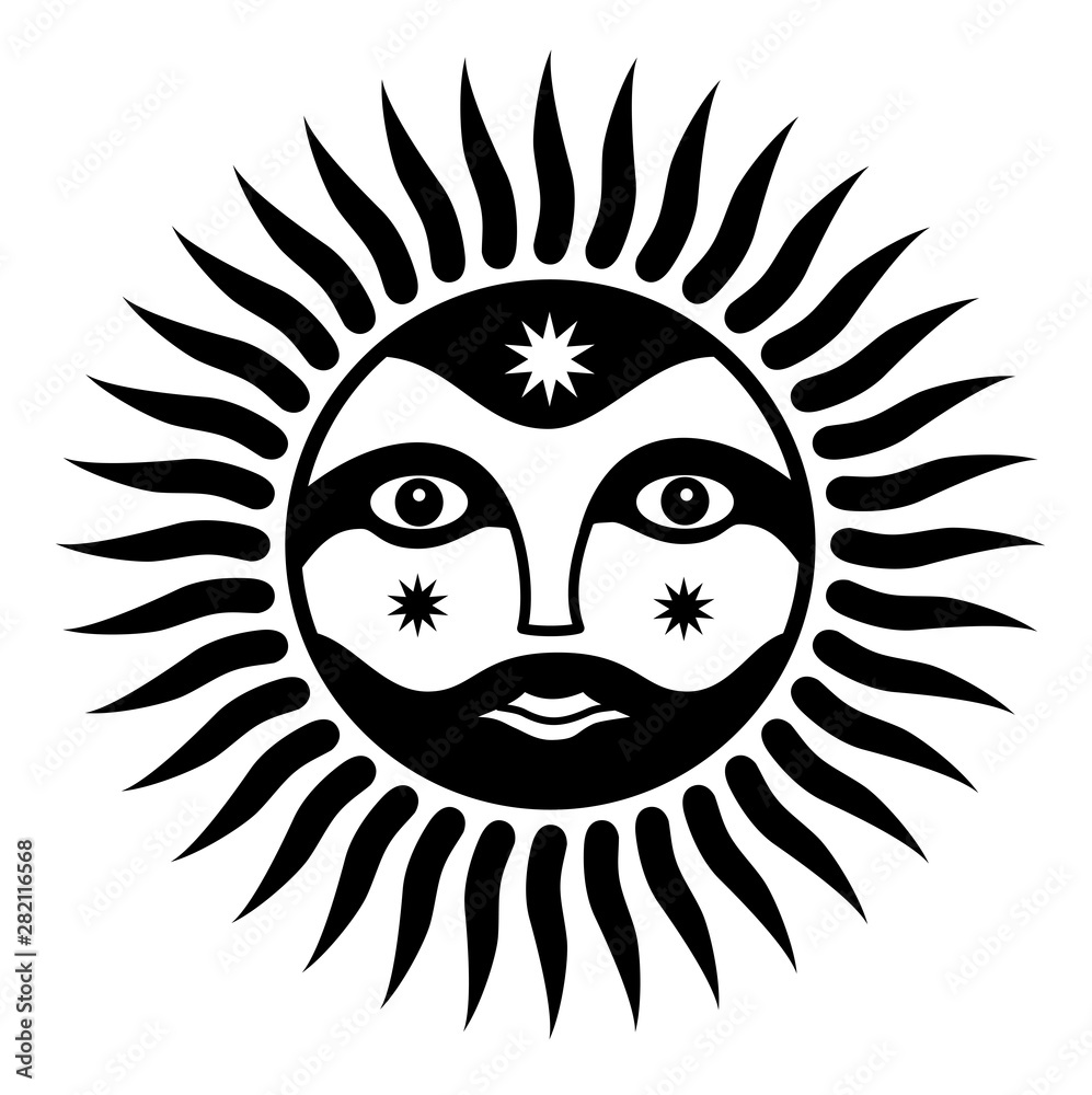 Sign of the sun with a man’s face. The spirit of the sun. Symbolic, magical symbol. Vector graphics art. Sign of the sun with a man’s face. The spirit of the sun. Symbolic, magical symbol. Vector graphics art.