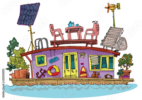 A set of cute floating boat houses or debarcaders supplied with eco energy systems and entertiments. Cartoon. Caricature.