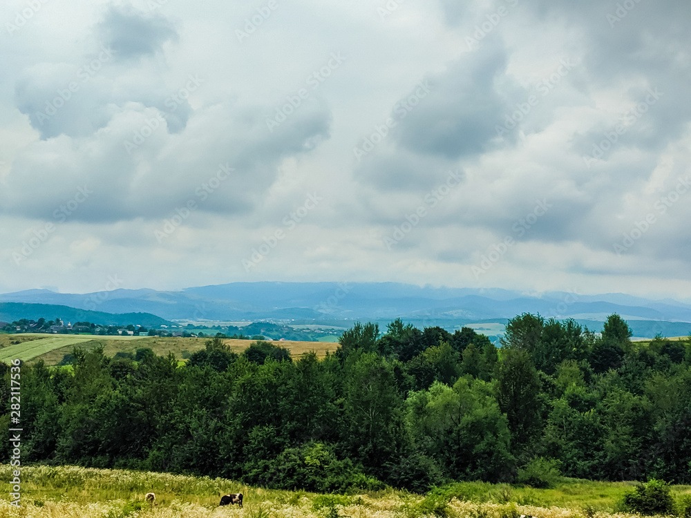 Carpathian hills during the rain with dramatic clouds