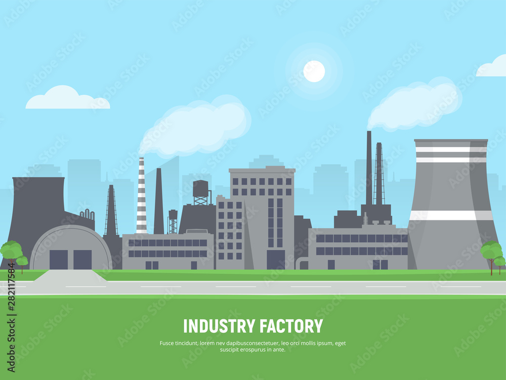Industrial factory on city skyscrapers background. Plant or manufacturing building facade view. Concept air pollution and environment. Urban ecology. Vector illustration.