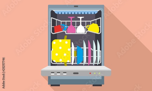 Full open dishwasher icon. Flat illustration of full open dishwasher vector icon for web design