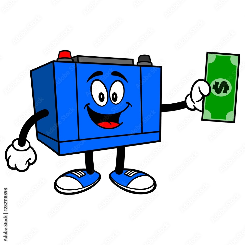 Car Battery with a Dollar - A cartoon illustration of a Car Battery Mascot. Car Battery with a Dollar - A cartoon illustration of a Car Battery Mascot.