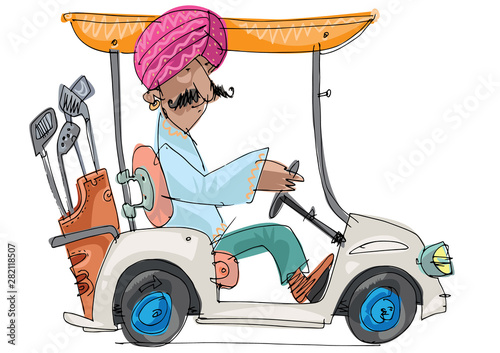 An indian mustached golf player dressed in traditional clothes drives a golf car.