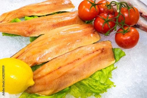 Fish on ice. The counter of...
