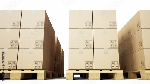 Wooden pallets, brown cardboard boxes with goods arranged in row on white background. Loopable 60 fps animation.