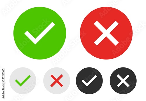Set of chek marks with green, red, grey, black and white colours. Green tick and red cross. YES or NO accept and decline symbol. Buttons for vote, election choice. Check mark OK and X icons.