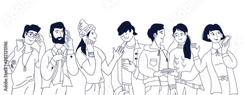 Peopletalking and taking selfies with smartphone flat vector illustration isolated.
