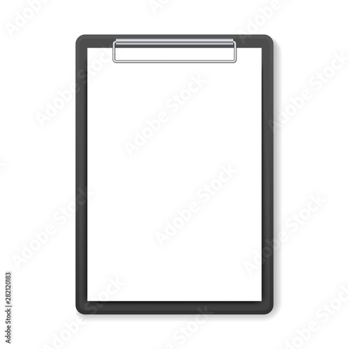 Black clipboard with white sheet on white background. Template design blank mock up. Concept for education, business, planning or infographics.