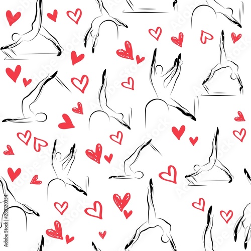 Pilates Poses and Heart Seamless Vector Pattern