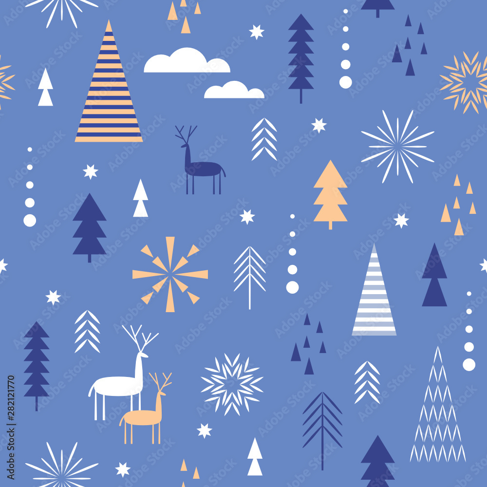 Seamless Christmas pattern. Christmas deer, snowflakes, stylized forest, trees	