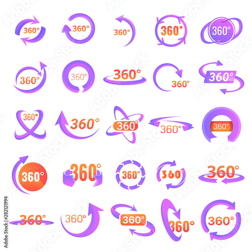 360 degrees icons set. Cartoon set of 360 degrees vector icons for web design