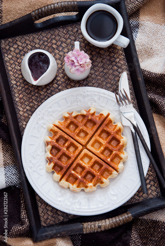 Belgian Waffles and coffee for breakfast in bed 