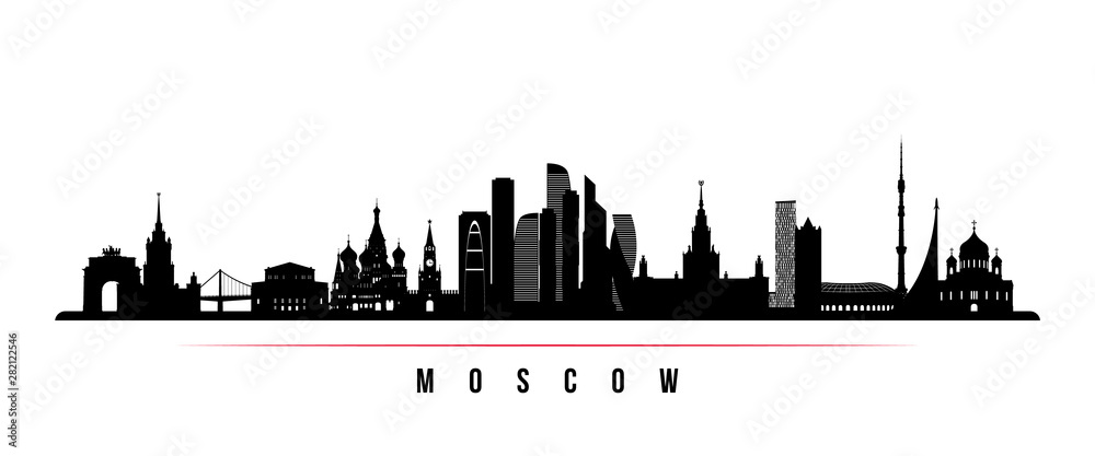 Moscow city skyline horizontal banner. Black and white silhouette of Moscow city, Russia. Vector template for your design.