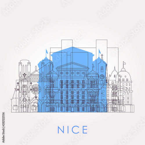 Outline Nice skyline with landmarks. Vector illustration. Business travel and tourism concept with historic buildings. Image for presentation, banner, placard and web site.