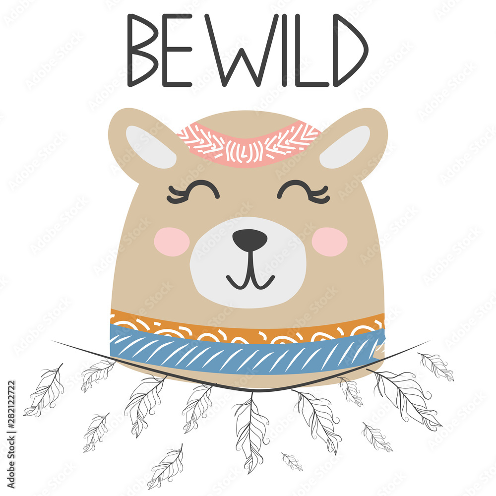 Cute sweet little bear smiling face with feathers. Lettering quote Be wild. Graphic design. Cute sweet little bear smiling face with feathers. Lettering quote Be wild. Graphic design.