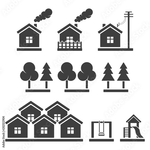Icon set of a group of houses, a near-territory territory with a children swing and green spaces. Vector