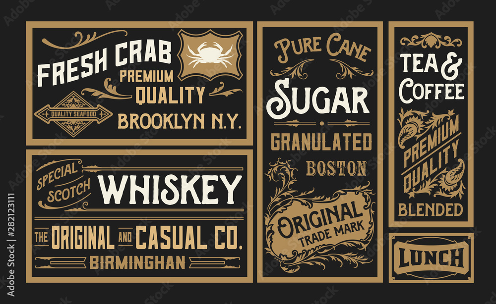 Set of old advertisement designs and labels