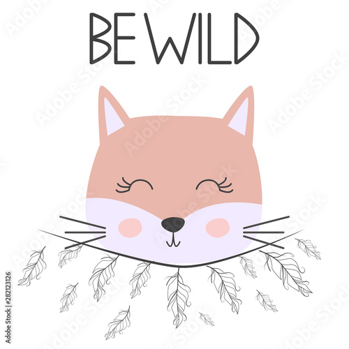 Cute sweet little cat girl smiling face art. Lettering quote Be Wild. Kids nursery scandinavian hand drawn illustration. Graphic design.