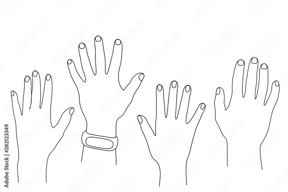 Put your hands up, crowd of people, vote. Vector illustration, black outline in lines, coloring Put your hands up, crowd of people, vote. Vector illustration, black outline in lines, coloring