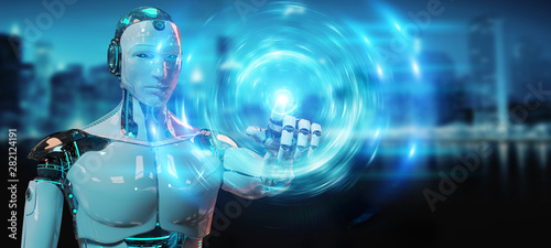 White humanoid robot creating new futuristic energy power source 3D rendering