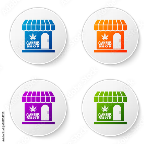 Color Marijuana and cannabis store icon isolated on white background. Equipment and accessories for smoking, storing medical cannabis. Set icons in circle buttons. Vector Illustration