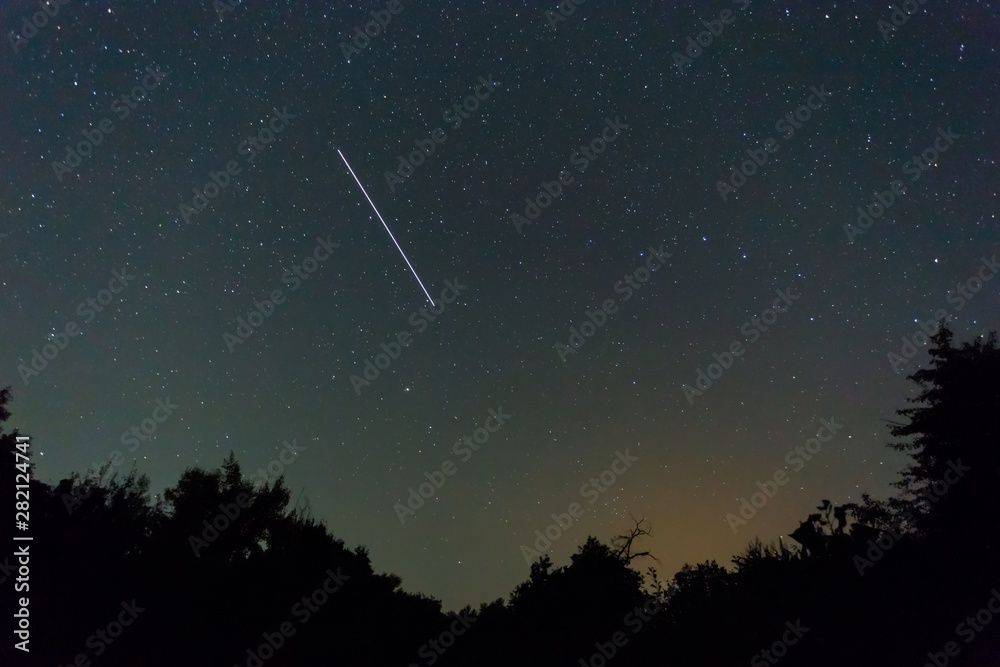 Naklejka premium night starry sky with iss track above the forest silhouette