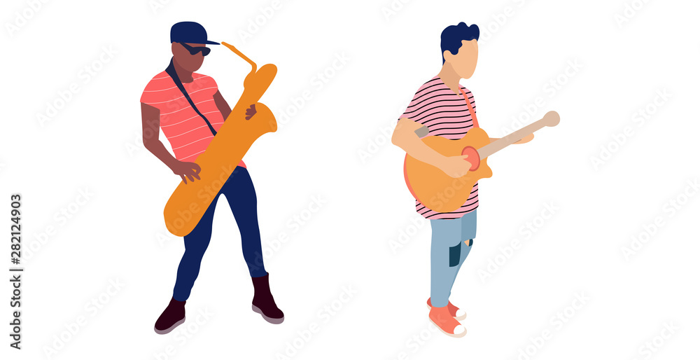 Saxophone and guitar player. Isolated flat illustration set - Vector