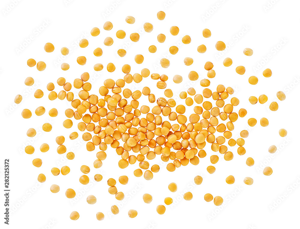 Pile of dry aromatic yellow mustard seeds isolated on white background, top view. Pile of dry aromatic yellow mustard seeds isolated on white background, top view.
