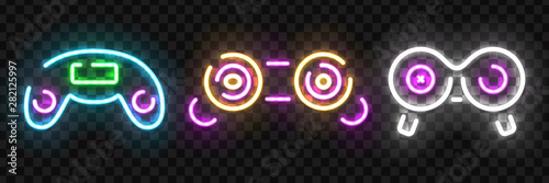 Vector set of realistic isolated neon sign of Game Controller logo for template decoration and mockup covering on the transparent background. Concept of gaming.
