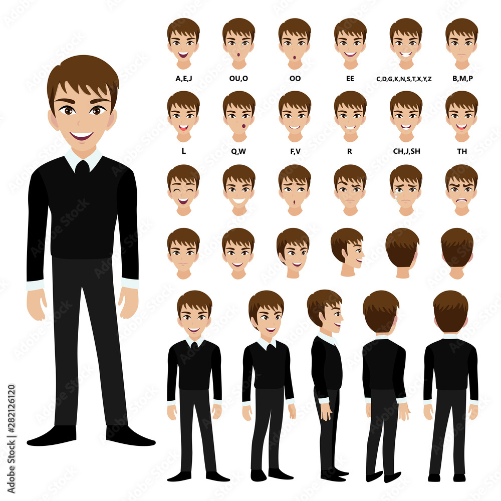 Cartoon character with business man in suit for animation. Front, side,  back, 3-4 view character. Separate parts of body. Flat vector illustration.  Stock Vector | Adobe Stock