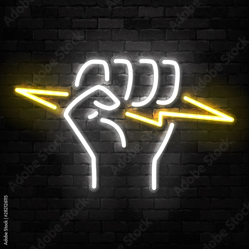 Vector realistic isolated neon sign of fist holding a lightning logo for template decoration and covering on the wall background.