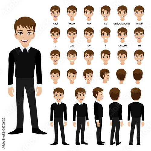 Cartoon character with business man in suit for animation. Front, side, back, 3-4 view character. Separate parts of body. Flat vector illustration.