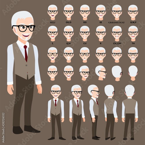 Cartoon character with business man in suit for animation. Front, side, back, 3-4 view character. Separate parts of body. Flat vector illustration.