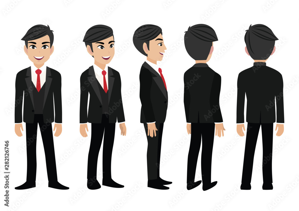 Cartoon character with business man. Front, side, back, 3-4 view animated character. Flat vector illustration. Cartoon character with business man. Front, side, back, 3-4 view animated character. Flat vector illustration.